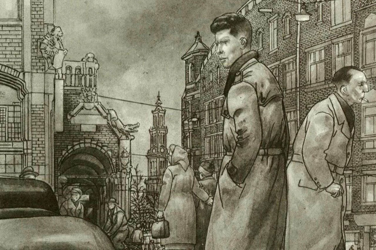 Beeld uit graphic novel ‘De avonden’, naar het boek van Gerard Reve, met op de achtergrond Amsterdam.