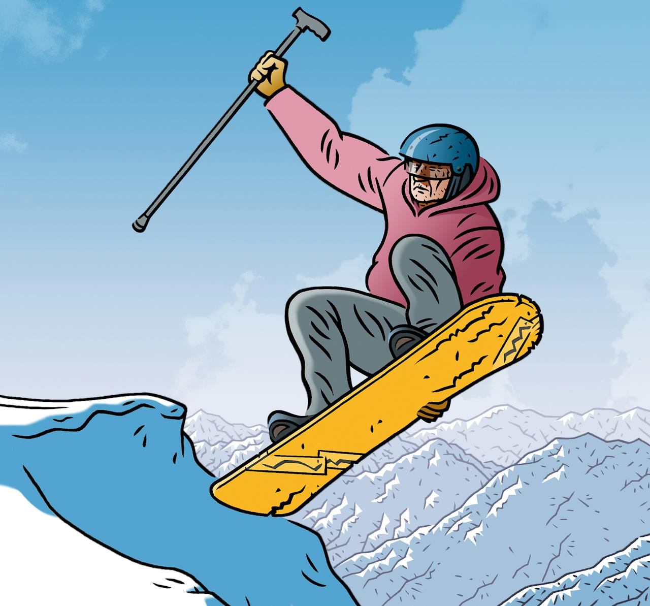 De mannelijke midlifer is te herkennen door zijn plotselingen voorliefde voor snowboarden.