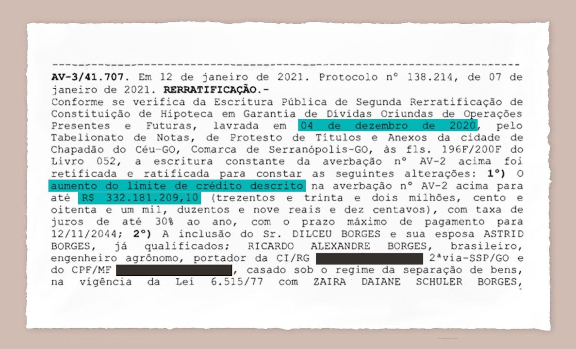 Rabobank bleef ondanks de ontbossing zakendoen met de familie Borges, blijkt uit dit document uit een Braziliaans register.