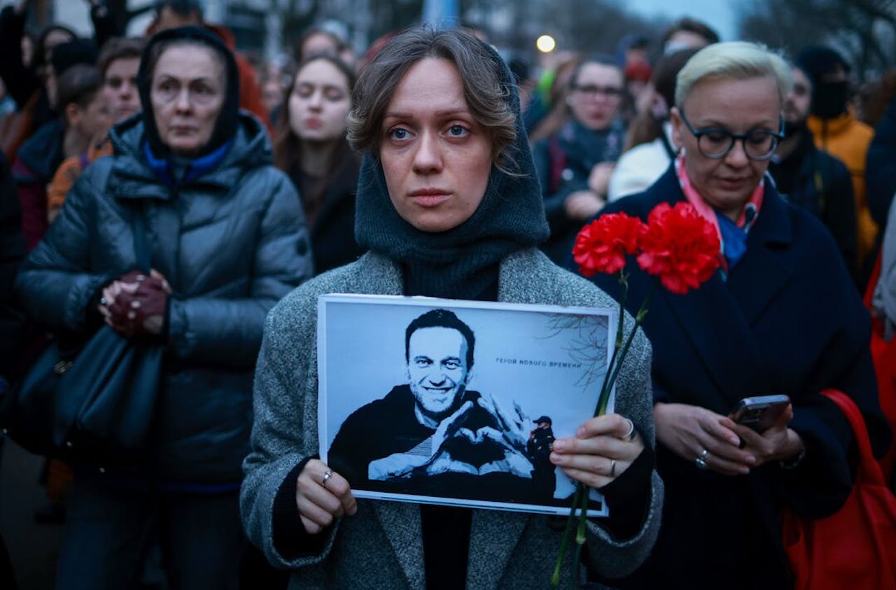 Steunbetuiging voor Aleksej Navalny, vrijdag bij de Russische ambassade in Berlijn.