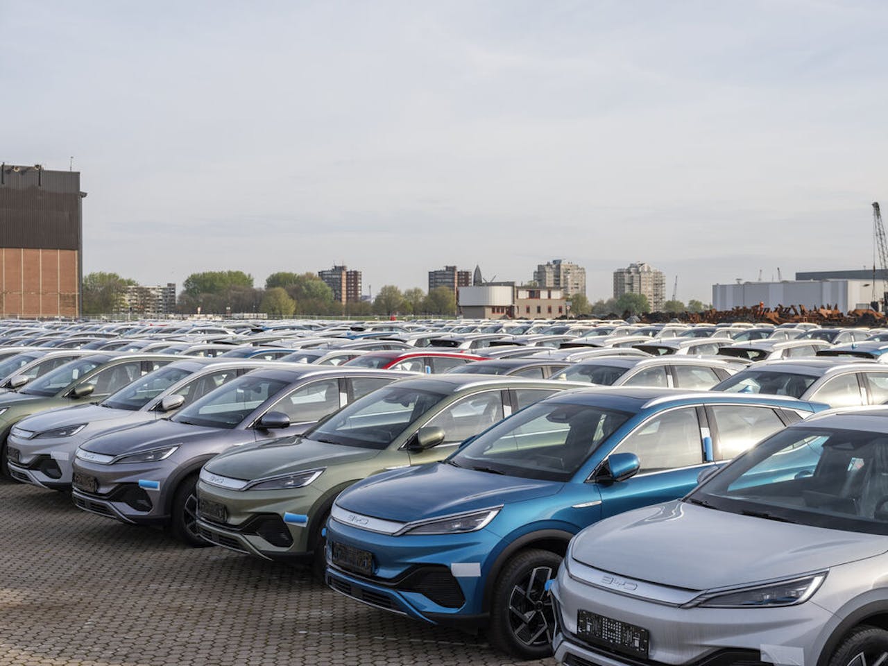 Een tijdelijke parking voor Chinese auto's in de Rotterdamse haven.