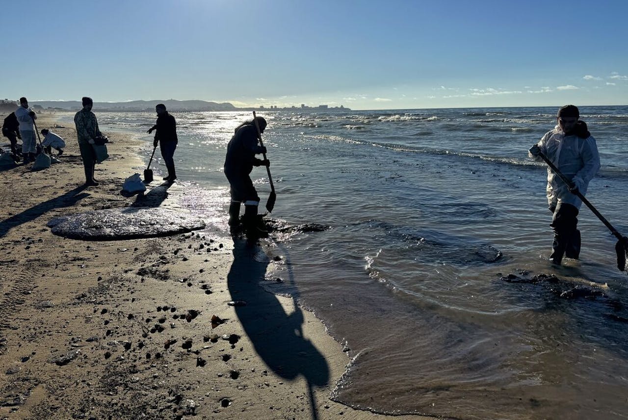 Vrijwilligers ruimen een vervuild strand op na de olieramp in de Straat van Kertsj bij de Krim vorig jaar.
