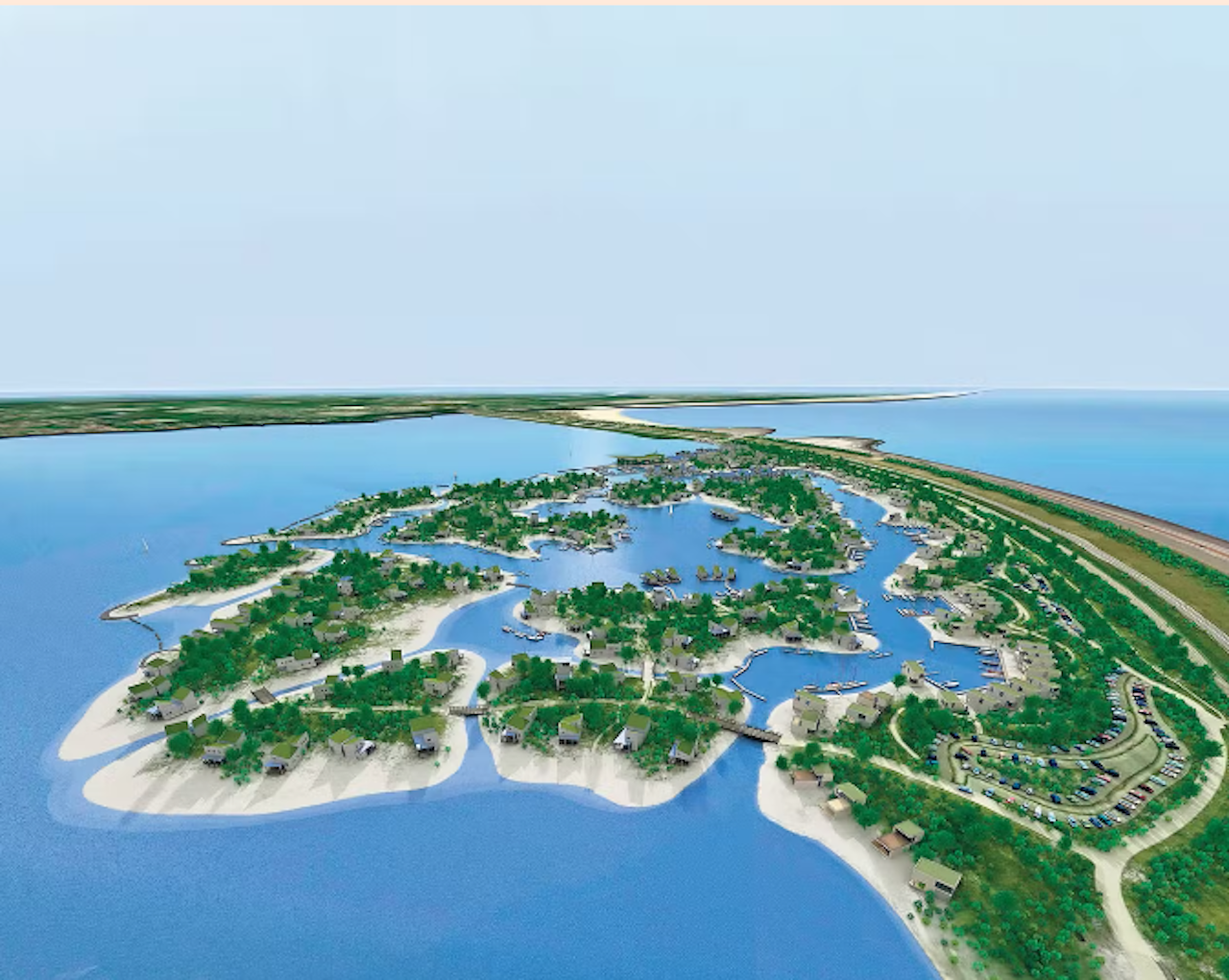 Artist impression van Brouwerseiland: een archipel van dertien eilanden met recreatiewoningen.
