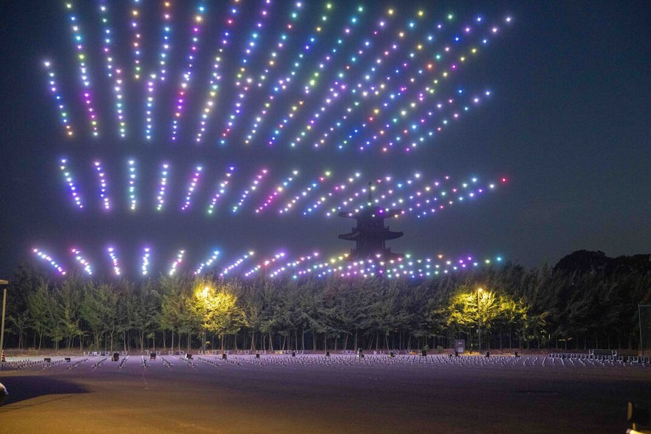 Droneshow in de Chinese stad Wuxi. Volgens onderzoekers van Drone Industry Insights hebben Chinese spelers samen maar liefst 90% van de commerciële dronemarkt in handen.