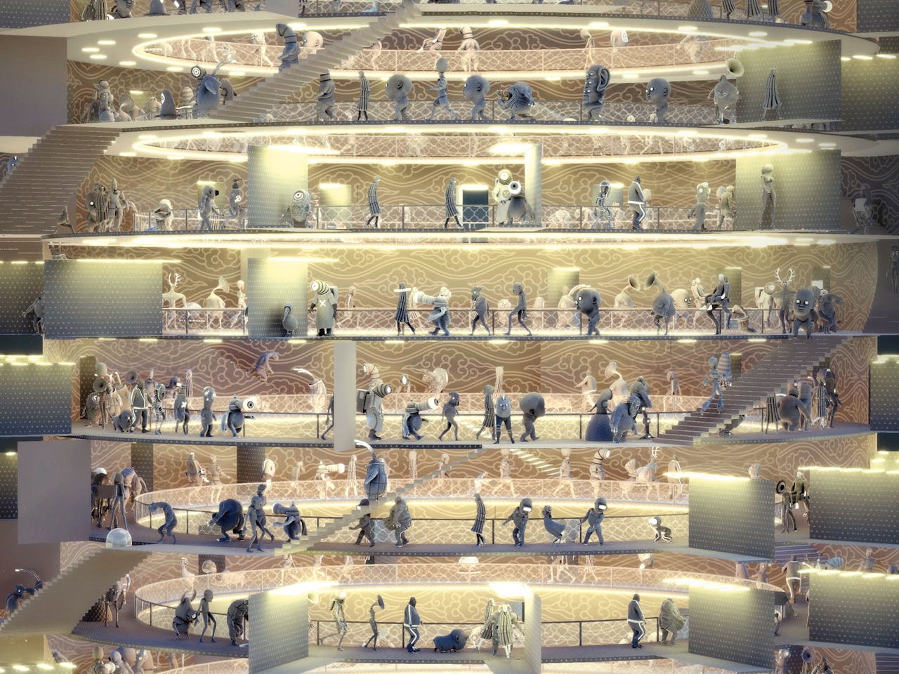 Een detail uit ‘Tribe Tower’ (2022) van Studio Smack, een trio uit Breda, dat digitale kunst maakt.