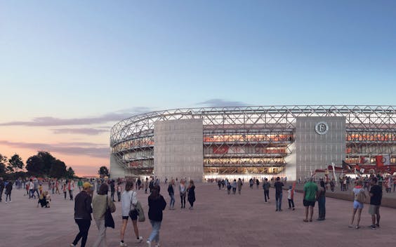 Artist’s impressions van het nieuwe Feyenoord-stadion, aan de NIeuwe Maas in Rotterdam. Het ontwerp van het gebouw verwijst naar de oude Kuip.
