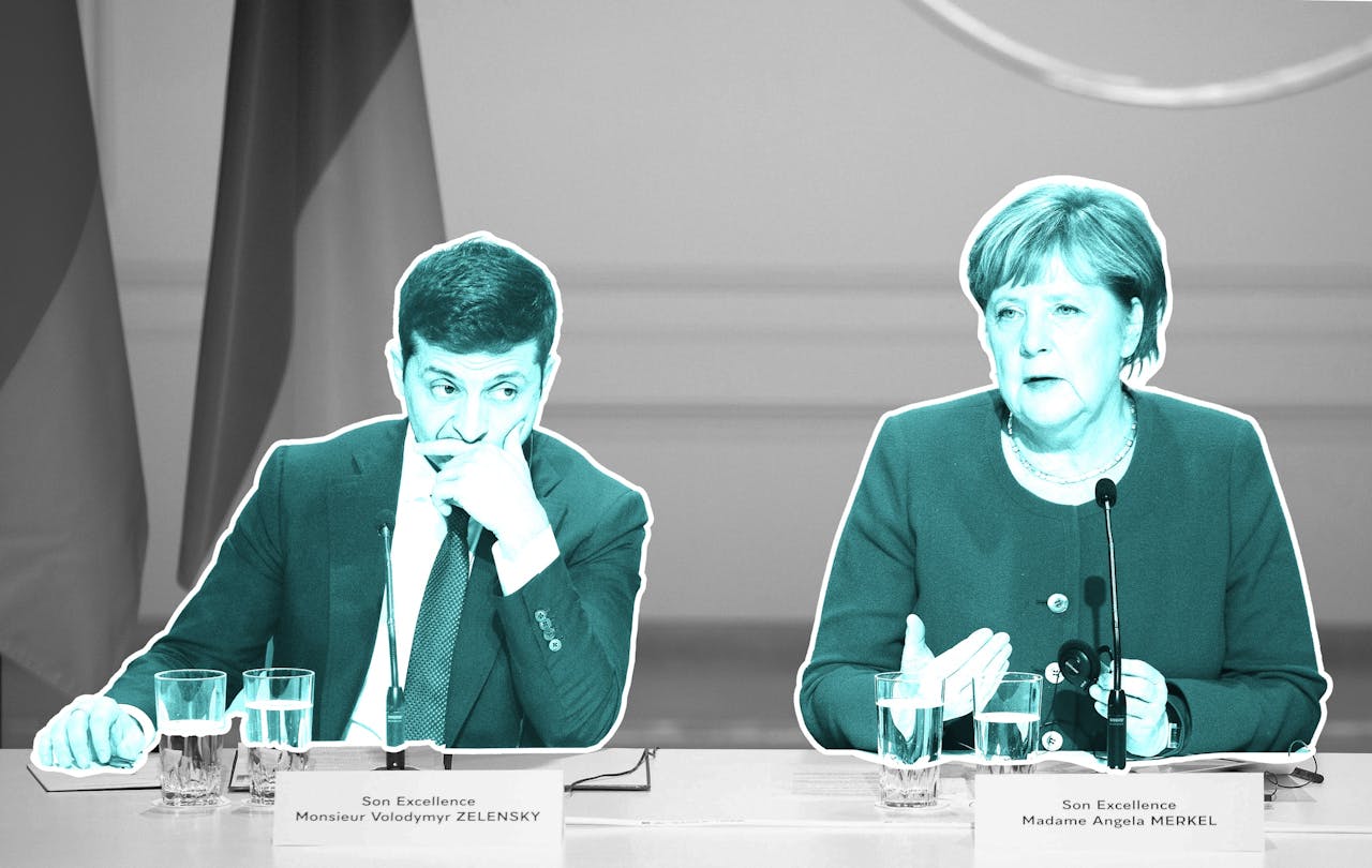 Volodymyr Zelensky en Angela Merkel.