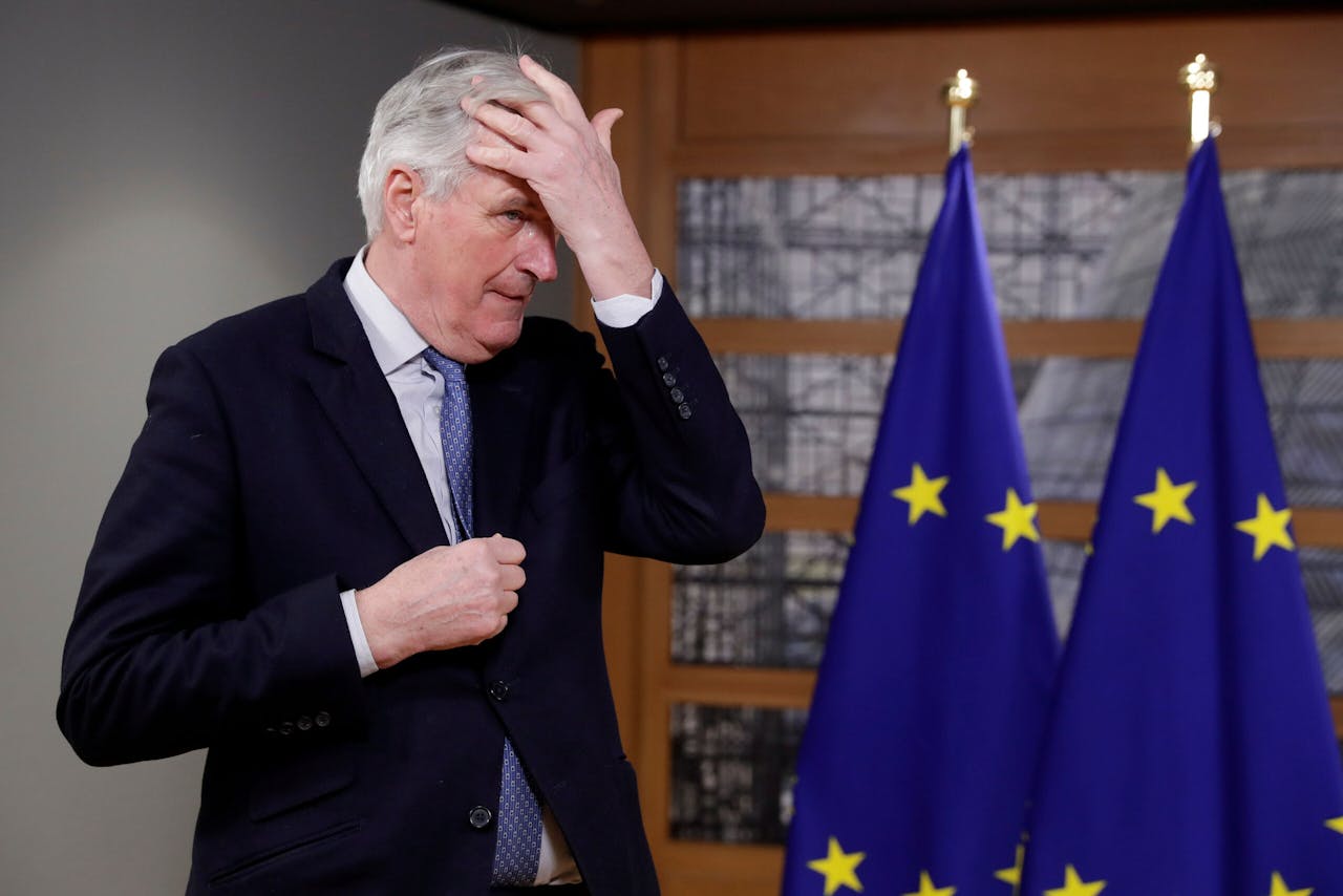Michel Barnier si rifinisce i capelli per un po' in un vertice europeo di febbraio.