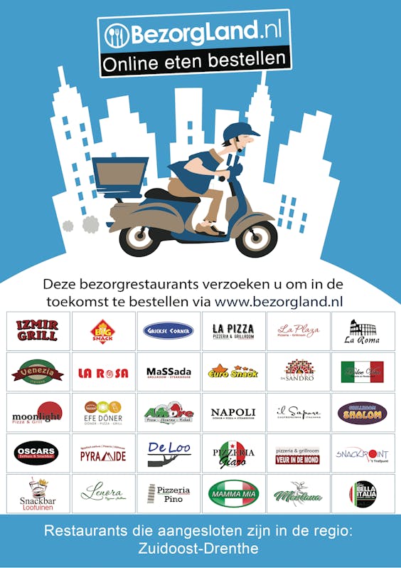 Poster voor Bezorgland.nl dat probeert klanten in Drenthe zover te krijgen om voortaan bij deze maaltijdbezorger eten te bestellen.