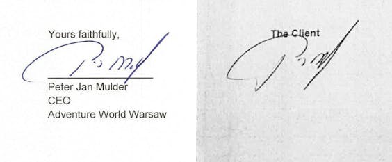 Links de handtekening van Mulder en rechts de naar verluidt vervalste handtekening.