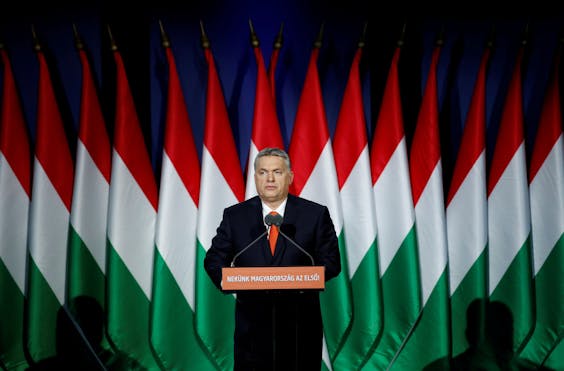 Victor Orbán in februari, tijdens zijn state of the nation-speech in Boedepest.