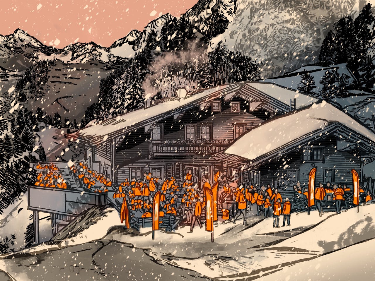 Duizenden werknemers van Just Eat Takeaway waren op kosten van het bedrijf op skiweekend in Zwitserland. Overal was de oranje huiskleur van de maaltijdbezorger te zien.