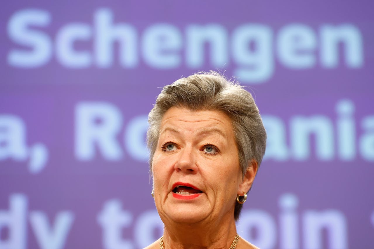Eurocommissaris Ylva Johansson (binnenlandse zaken) tijdens een persconferentie in Brussel op woensdag.