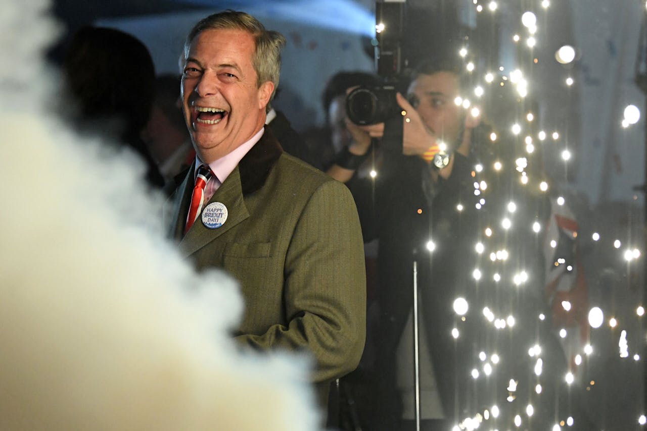 Nigel Farage in Londen, tijdens de Leave Means Leave Brexit Celebration op 31 januari vorig jaar.