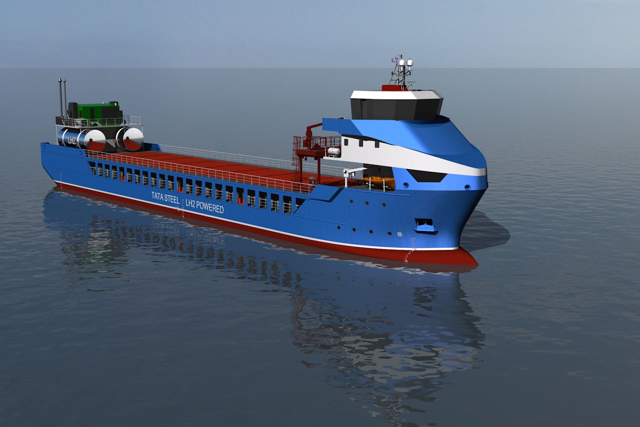 Artist impression van het met waterstof aangedreven vrachtschip van Tata Steel.