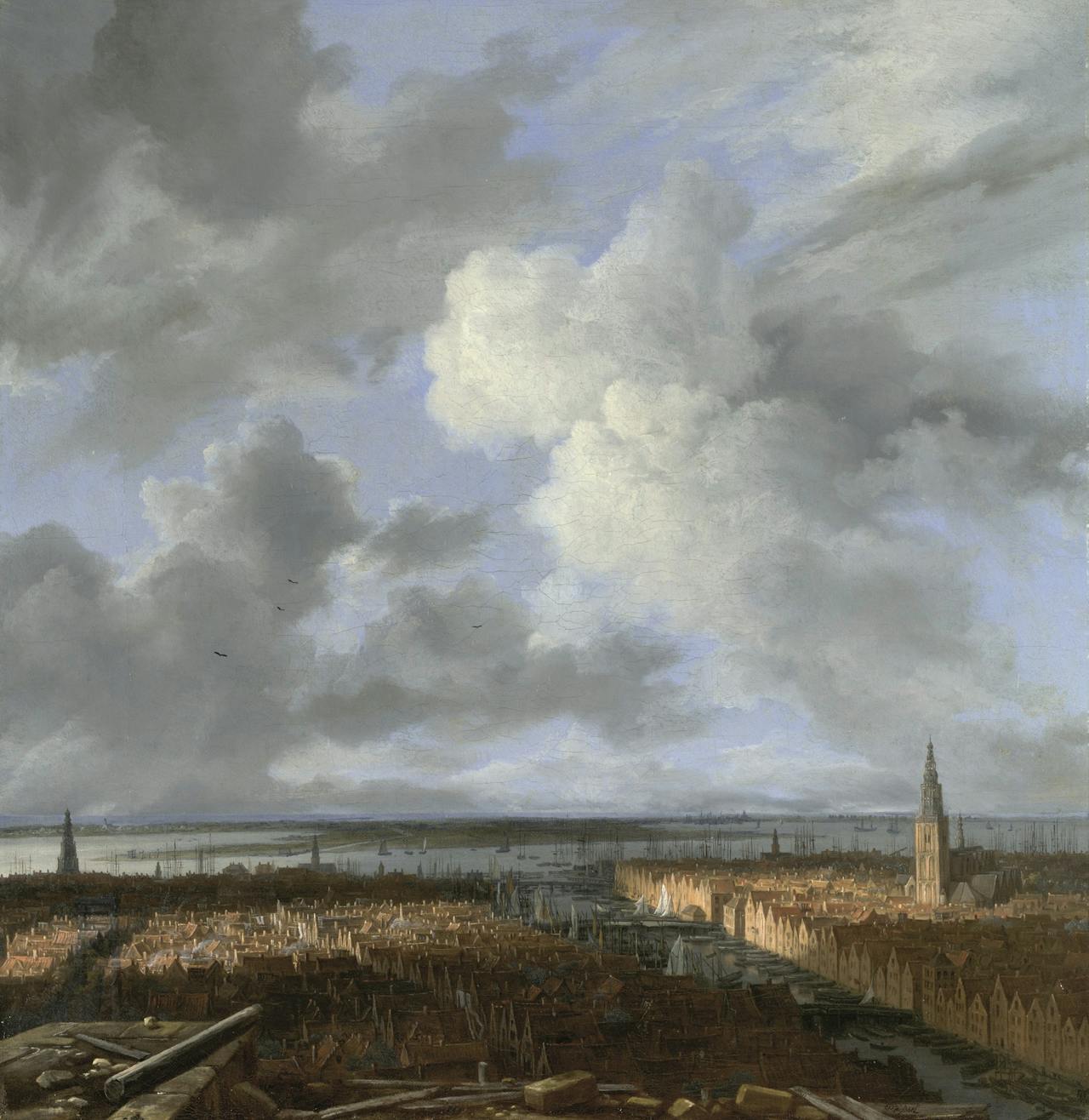 Voorstudie (onder) en resultaat (boven) van Jacob van Ruisdael. Hij tekende vanaf het dak van het Amsterdamse stadhuis, dat in aanbouw was. Op de voorgrond is de bouwrommel te zien.