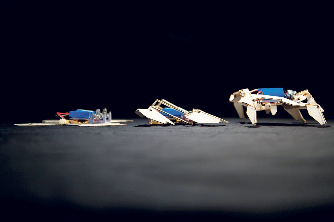 De veelzijdige origamirobot: op droog, vlak terrein kruipt hij en op ruig terrein kan hij zich opvouwen en rollen.
