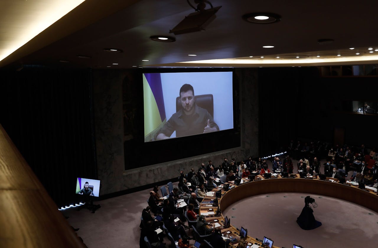 Zelensky tijdens zijn toespraak in de VN-Veiligheidsraad.