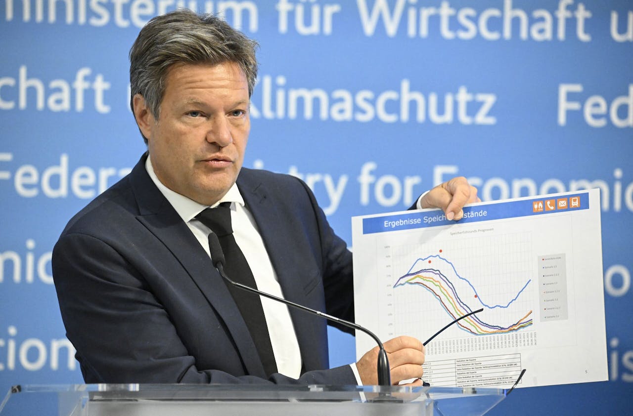 De Duitse minister van economische zaken en klimaat Robert Habeck toont een grafiek met prognoses voor de nationale gasvoorraden.