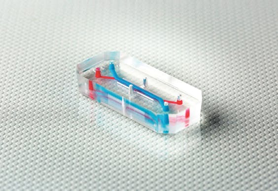 Organ-on-chiptechnolgie maakt een test van medicijnen mogelijk met een veel adequater beeld van de werking. In dit geval een chip van Emulate die is ontwikkeld samen met de Brits-Zweedse pharmareus AstraZeneca.