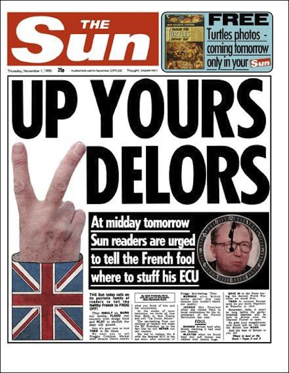 1990. Aanval van The Sun op Commissievoorzitter Jacques Delors.