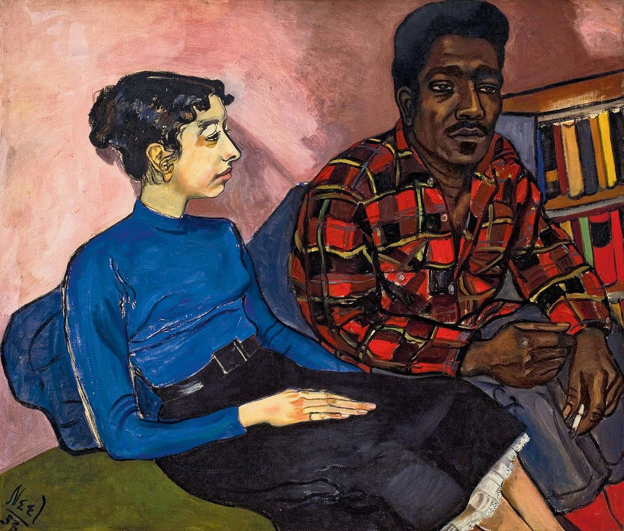 ‘Rita and Hubert’ (1954). In een tijd dat relaties tussen witte en zwarte mensen zeer beladen waren, schilderde Neel dit portret van schrijver Hubert Satterfield en zijn partner Rita.