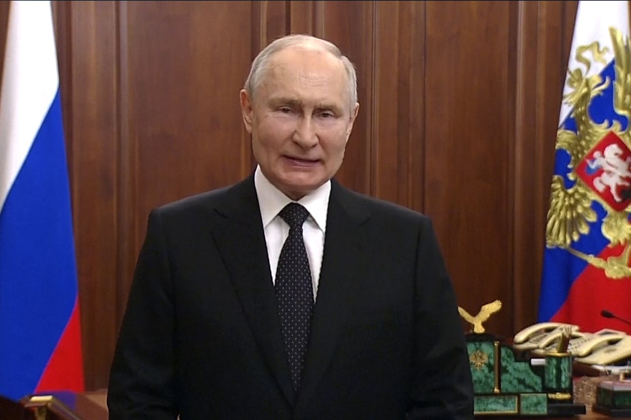 President Vladimir Poetin tijdens de toespraak tot het Russische volk nadat duidelijk was geworden dat de Wagnergroep rebelleerde tegen het Russische gezag.