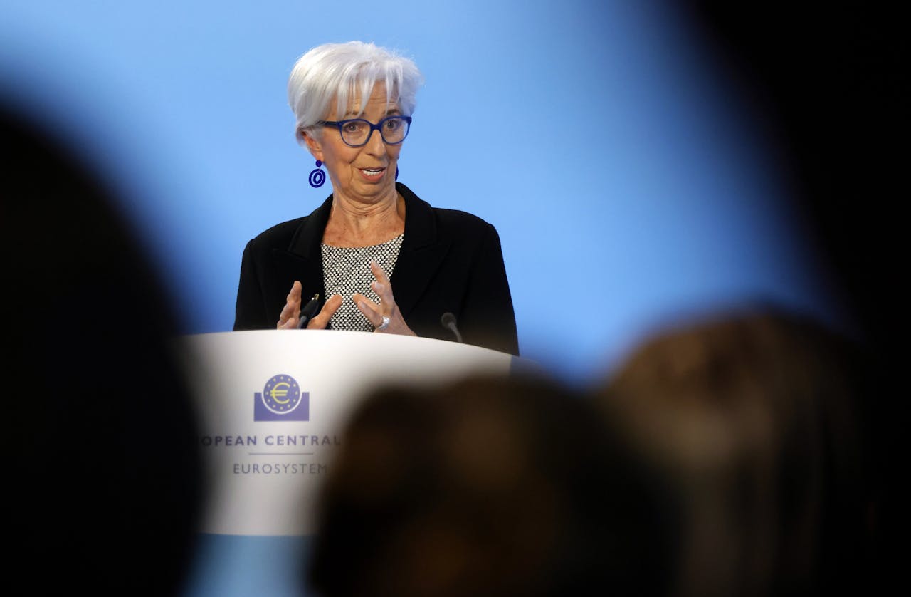 President Christine Lagarde van de Europese Centrale Bank donderdag tijdens de persbijeenkomst na het rentebesluit.
