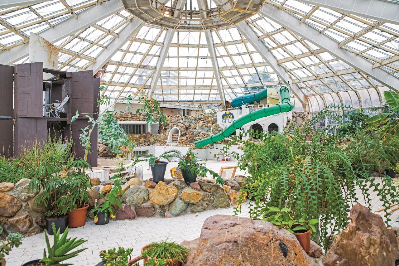 Het oude zwembad Tropicana in Rotterdam Nu: 'stadspark' van BlueCity, met onder andere eetbare planten en bloemen.