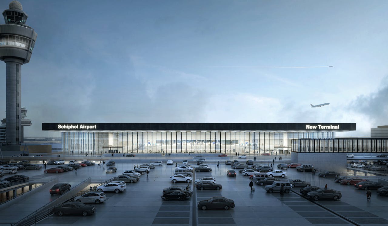 Artist’s impression van de nieuwe A-terminal op Schiphol. De hal, die een capaciteit krijgt van 14 miljoen reizigers per jaar, moet in 2023 in gebruik worden genomen.