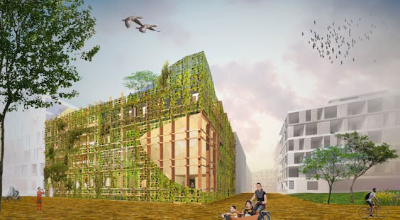 Artist impression van het plan van de Warren op IJburg in Amsterdam. De 36 sociale en middeldure huurwoningen krijgen een huur tussen de €450 en €1000 en zouden in in 2021 klaar moeten zijn.