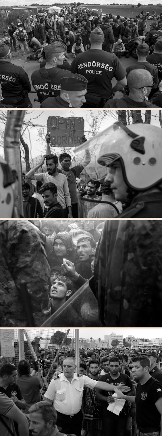 De toestroom van migranten nam in 2015 nog massale vormen aan door de vluchtelingen uit Syrië. Dat leidde vooral in het oosten en zuiden van Europa tot volledige chaos aan de grenzen. De Hongaarse grens werd een belangrijke toegang voor de Schengen-zone (boven) waar vluchtelingen werden tegengehouden door de Hongaarse politie. Migranten en asielzoekers probeerden de grens tussen Griekenland en Macedonië over te komen (midden boven). De Griekse politie blokkeerde de doortocht nadat een groep vluchtelingen een gat heeft gemaakt in het hek aan de grens (midden onder). Op het Griekse eiland Kos wachtten vluchtelingen met tijdelijke verblijfspapieren op de ferry die hen naar Athene moest brengen (onder).