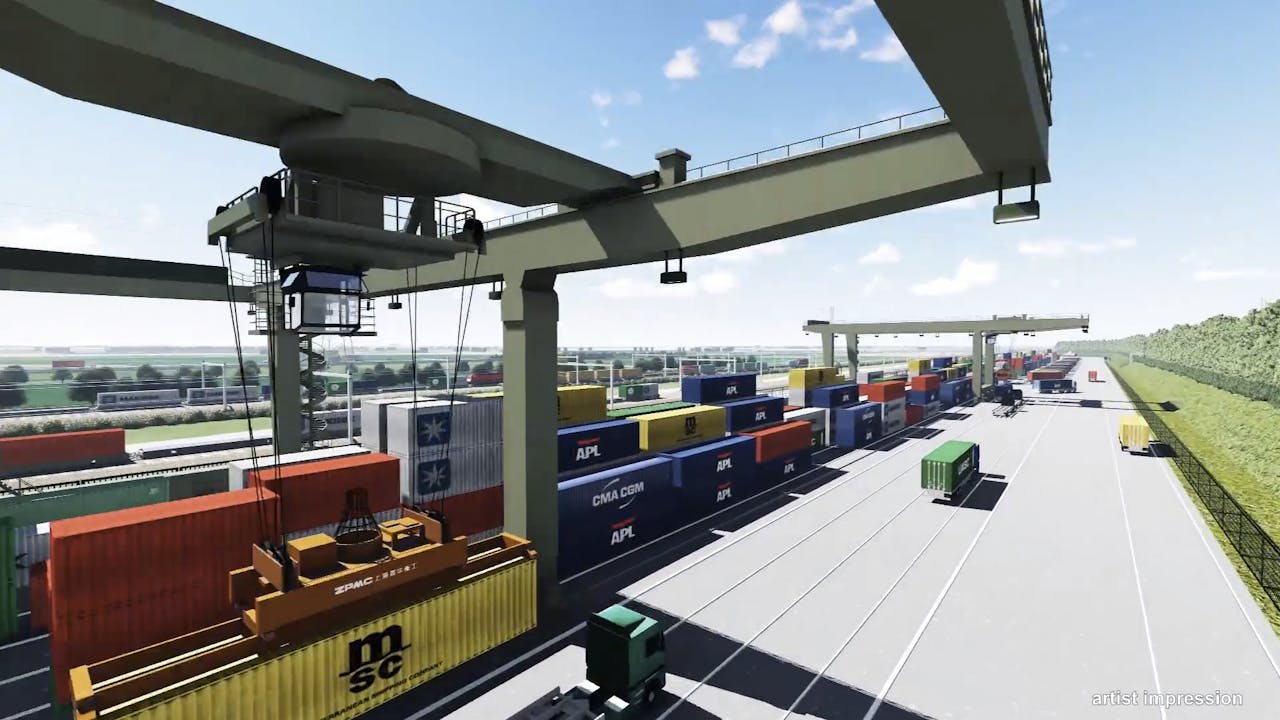 Artist impression van de nieuwe overslagterminal bij Valburg zoals deze er volgens de Provincie uit zou komen te zien.