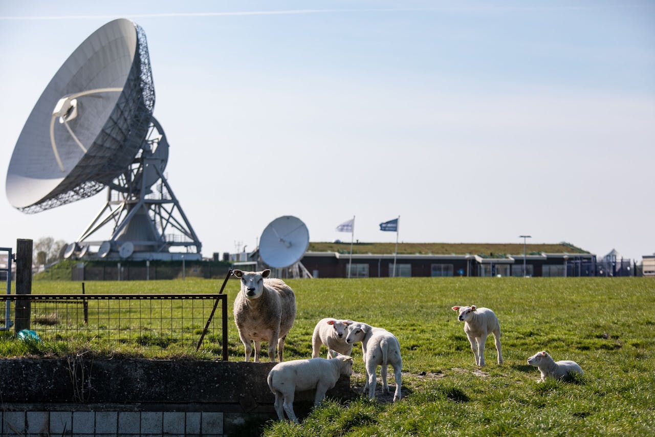 Het satellietgrondstation van Inmarsat in het Friese Burum. Het Franse bedrijf dat een satellietdienst voor scheepsverkeer verzorgt, is bezig de satellieten te verhuizen naar Griekenland. Tot die verhuizing een feit is, moeten telecomproviders ruimte op de band inleveren.