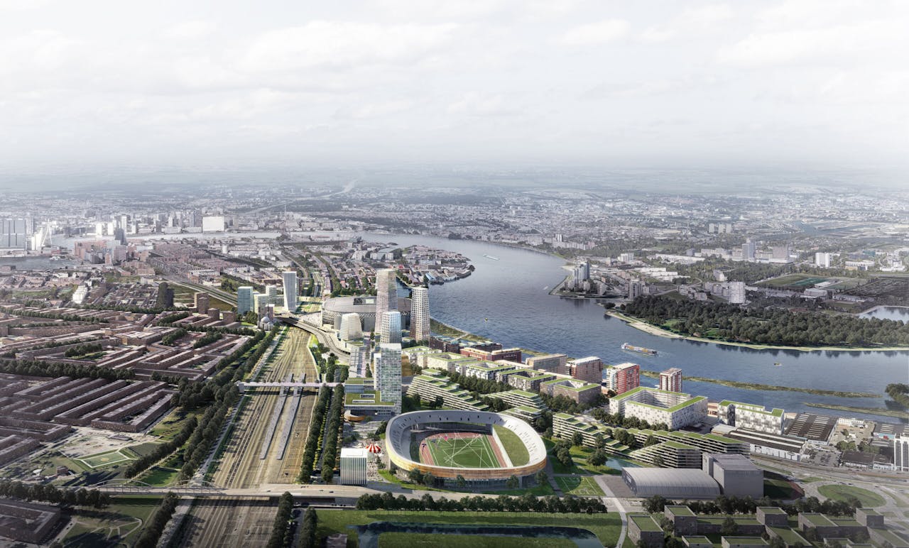 Artist impression van het nieuwe Feyenoord-stadion. Het nieuwe stadionproject moet niet alleen Feyenoord sportieve en financiële successen brengen, het is ook de spil in een ambitieus ontwikkelingsplan voor het Rotterdamse stadsdeel Zuid.