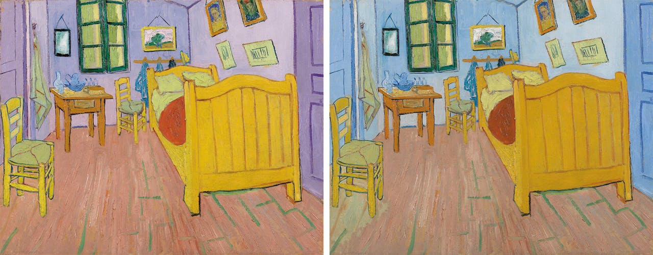 ‘De slaapkamer’ van Van Gogh, uit 1888, kennen we als blauw;  links: hoe Van Gogh de kamer heeft geschilderd.