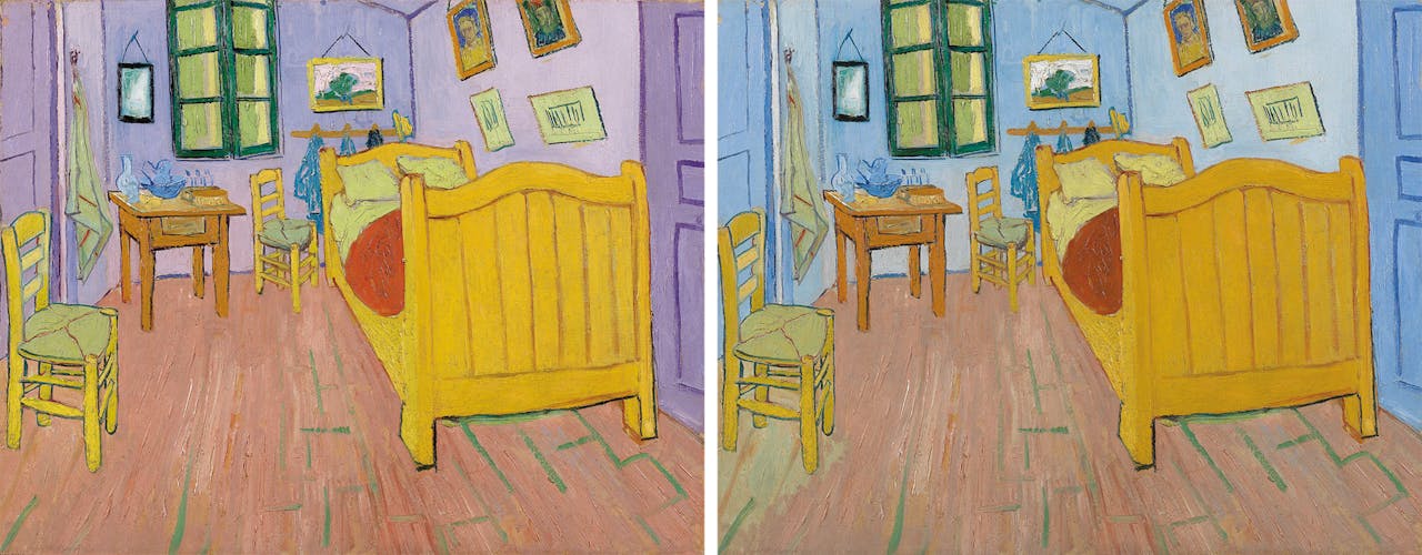 ‘De slaapkamer’ van Van Gogh, uit 1888, kennen we als blauw;
links: hoe Van Gogh de kamer heeft geschilderd.
