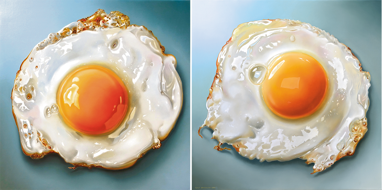 Tjalf Sparnaays ‘BMG Fried Egg’, uit 2013, is 80 bij 80 cm; links: ‘Gebakken ei’, uit 2015, 100 bij 100 cm.