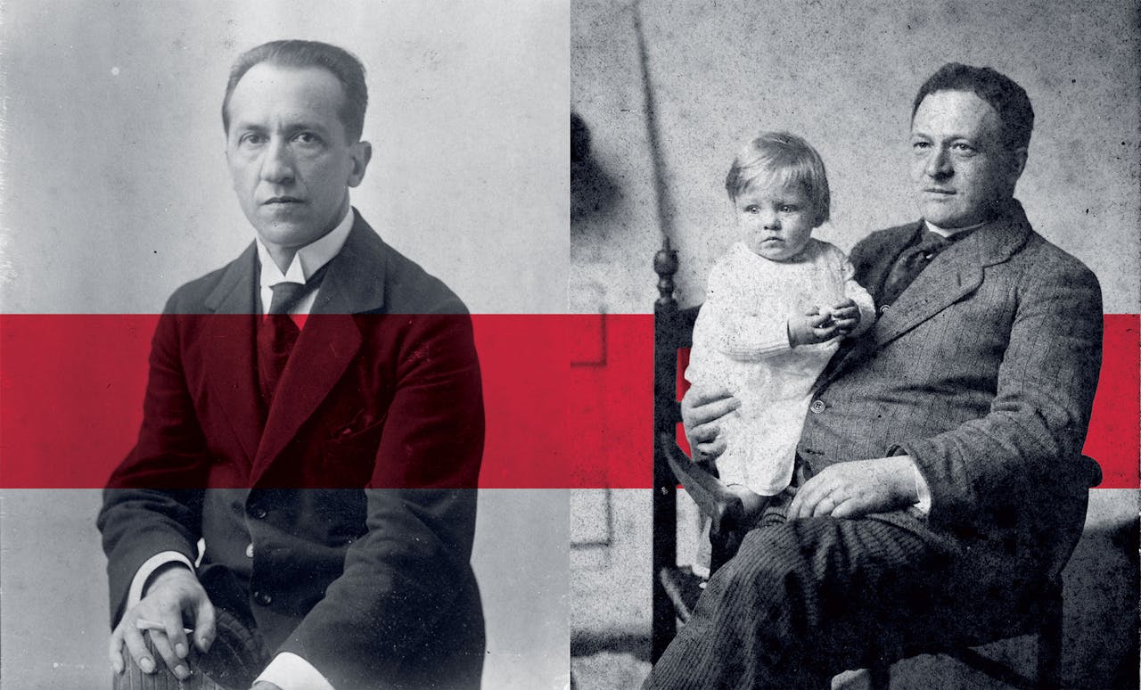Piet Mondriaan in 1917; rechts: Bart van der Leck in 1915, met een van zijn drie dochters op schoot.