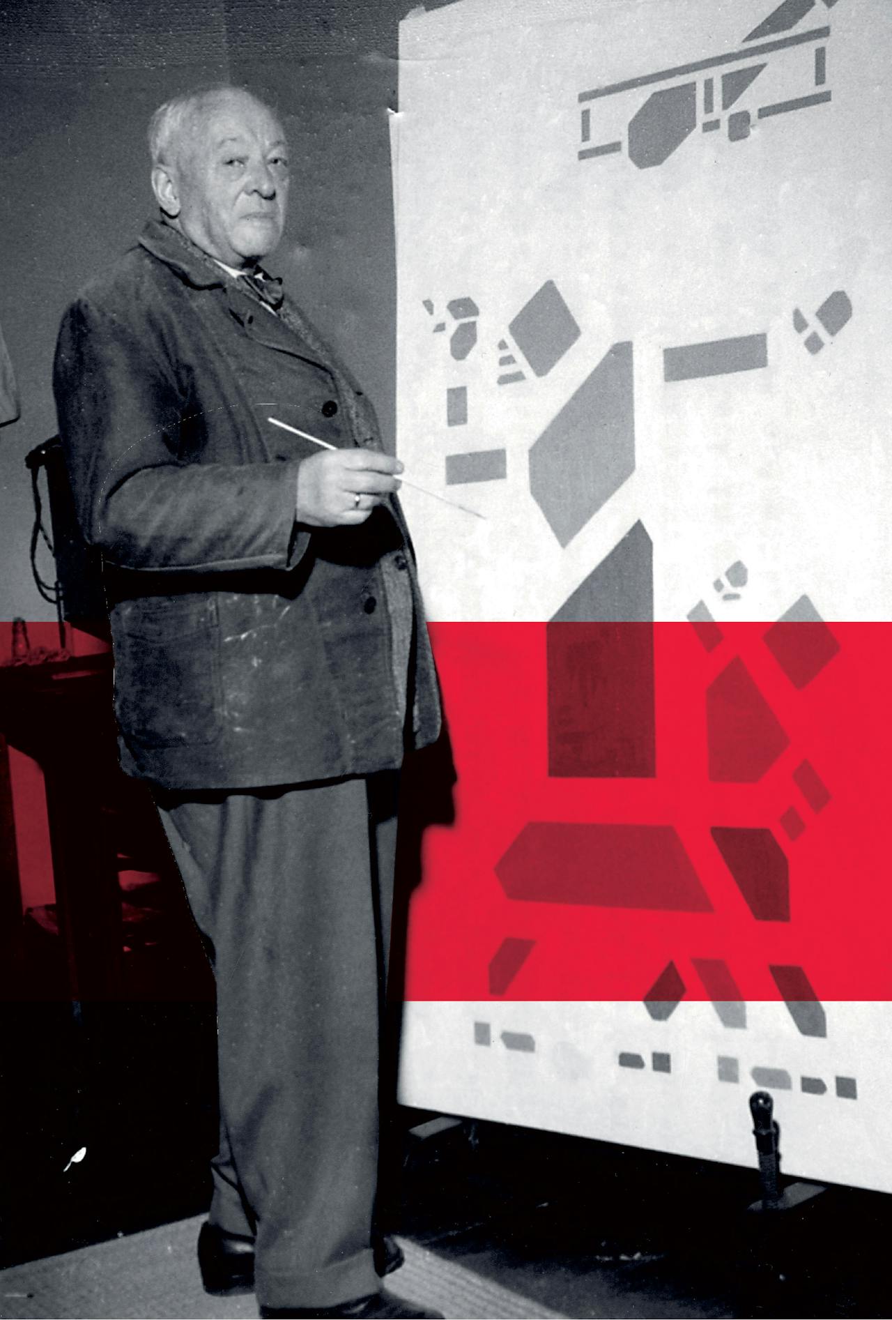 Bart van der Leck in zijn atelier, 1956. Vanaf 1920 tot aan zijn dood bleef hij in dezelfde stijl werken.