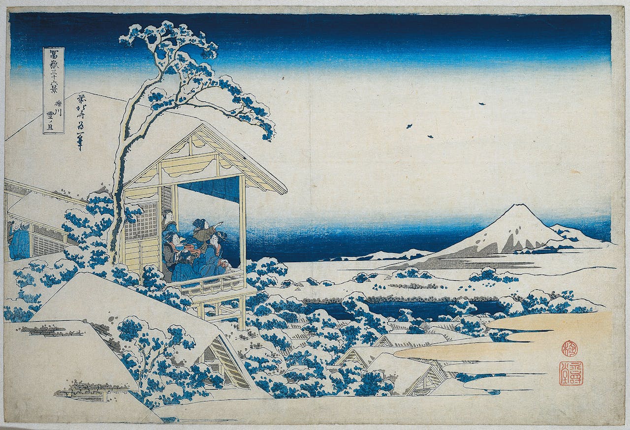 ‘Besneeuwde ochtend in Koishikawa’, Katsushika Hokusai, uit: ‘Zesendertig gezichten op de berg Fuji’, 1830-1835.