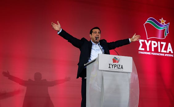 Oppositieleider Alexis Tsipras donderdagavond bij zijn slotmanifestatie.