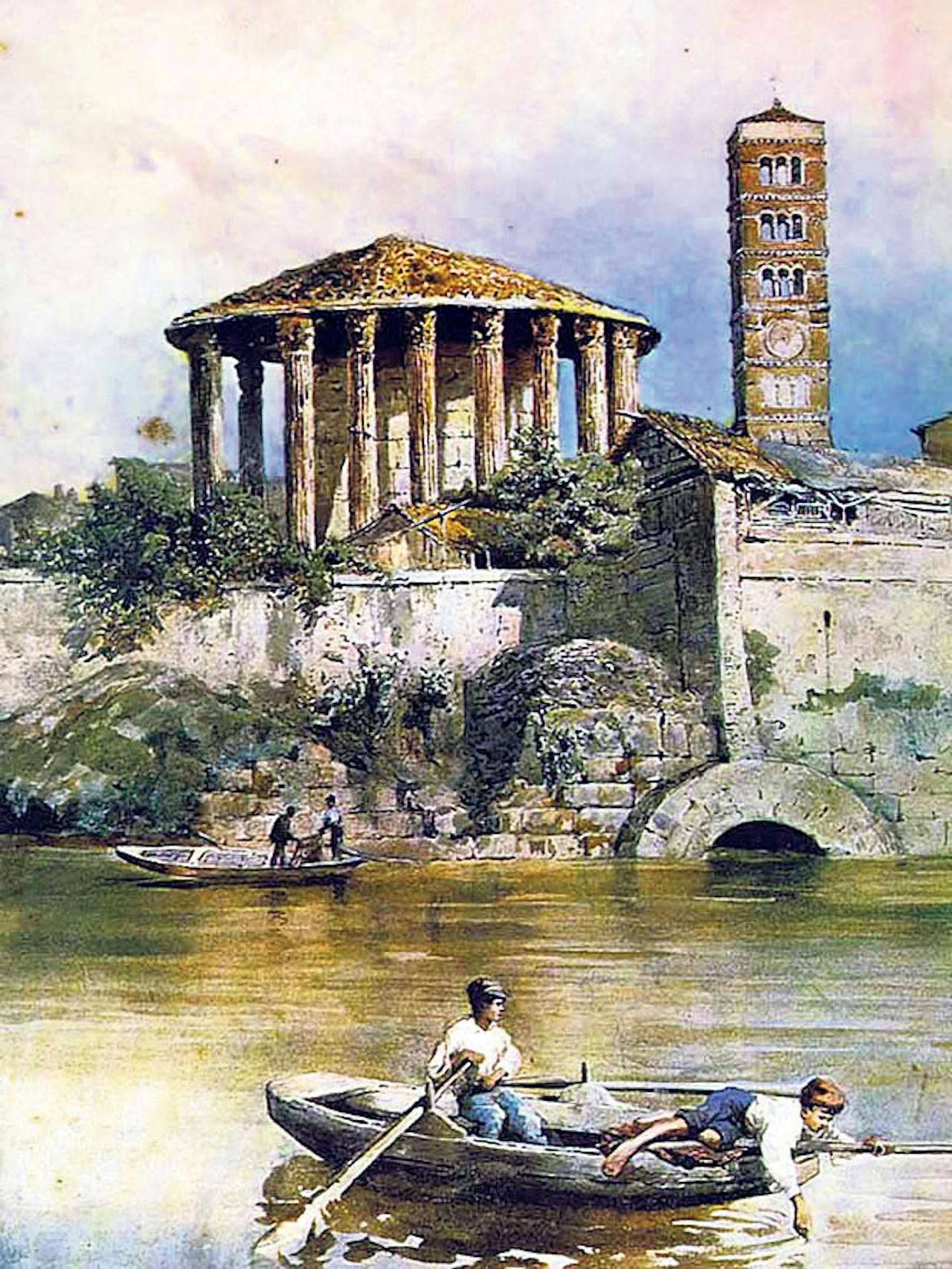 De Tempel van Hercules Olivarius: aquarel van Ettore Roesler Franz uit de negentiende eeuw.
