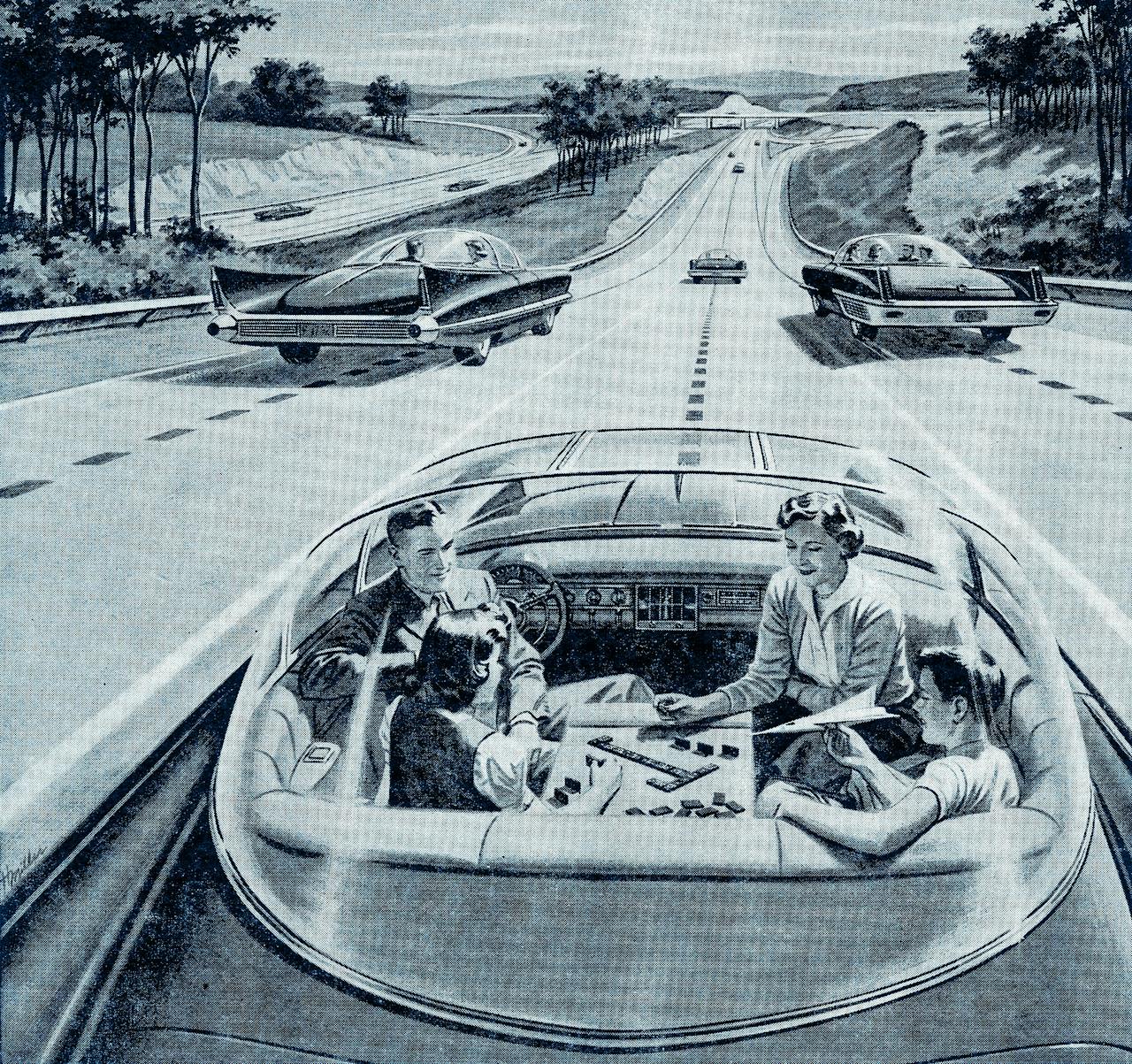 Een familie speelt domino in een zelfrijdende auto. Illustratie uit 1957.