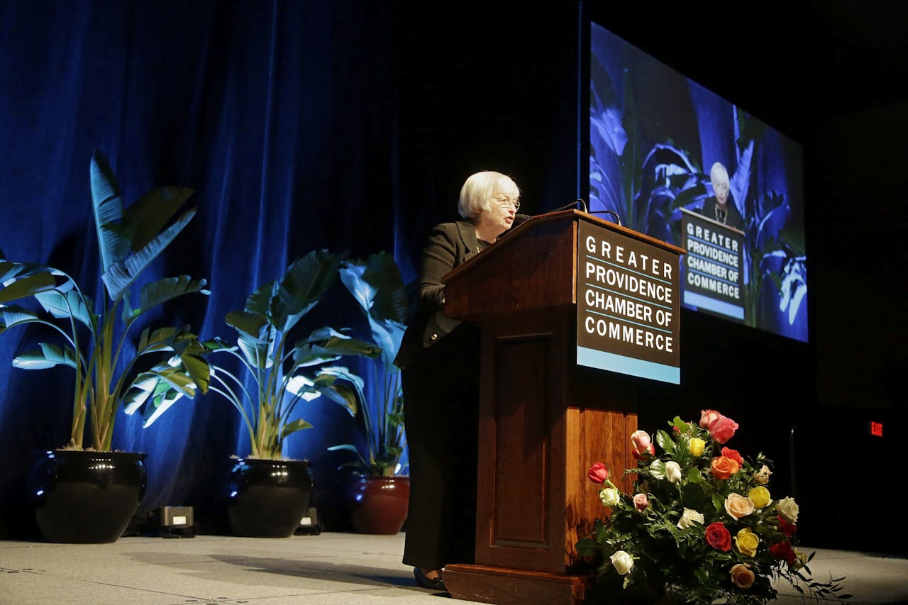 Fed-voorzitter Janet Yellen vrijdag tijdens een toespraak over de vooruitzichten van de Amerikaanse economie.
