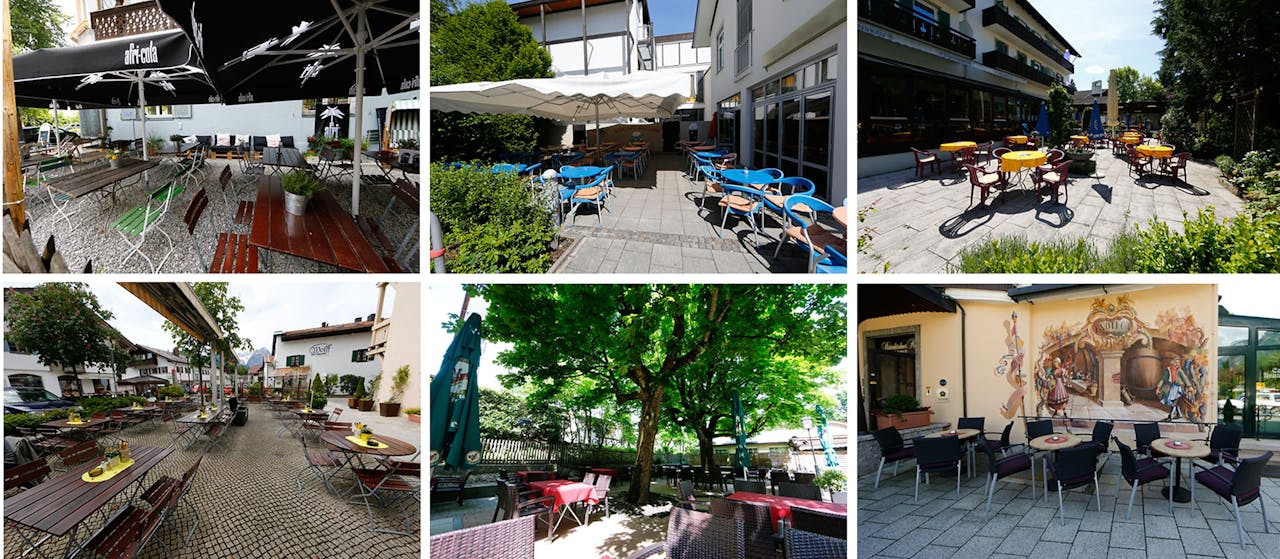 Lege terrassen van restaurants en bars tijdens lunchtijd in Garmisch-Partenkirchen. Door het G7-topoverleg in het nabijgelegen Elmau in de tweede week van juni zijn door beveiligingsmaatregelen veel gebieden in Beieren moeilijk bereikbaar.