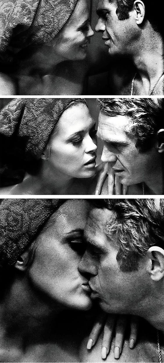 Een driehoeksverhouding tussen acteurs en camera, bij uitstek geschikt voor een close-up. Faye Dunaway en Steve McQueen in The Thomas Crown Affair (1968).