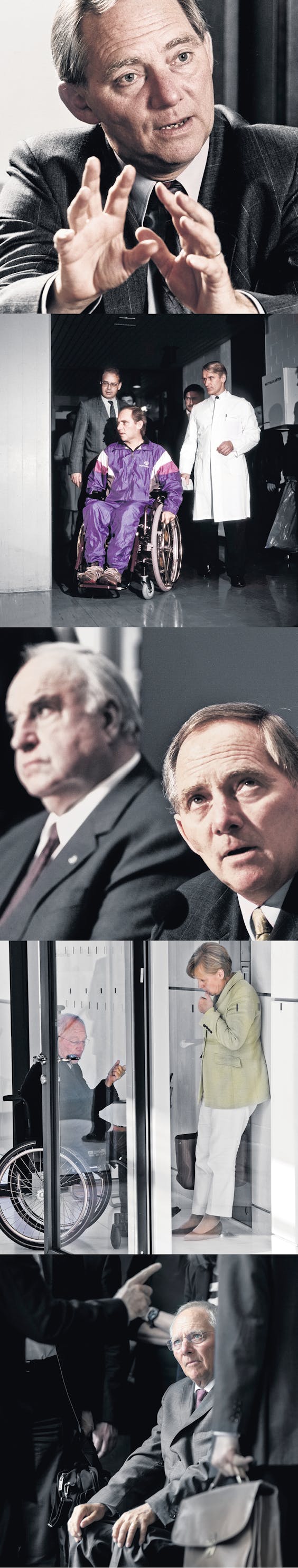 Foto1: ‘Wolfgang Schäuble schuwt geen tegenwind en gaat ongemakkelijke situaties niet uit de weg’, aldus bondskanselier Angela Merkel. Foto2: In oktober 1990 werd Schäuble neergeschoten tijdens een verkiezings- bijeenkomst. Sindsdien is hij op een rolstoel aangewezen. Foto3: Onder bondskanselier Helmut Kohl, hier op de achtergrond, gold Wolfgang Schäuble jarenlang als diens kroonprins. Foto4: De afgelopen vijf jaar treden Schäuble en Merkel in Europa op als een team, vaak in de rolverdeling ‘good cop, bad cop’. Foto5: Tijdens de Griekse crisis dit voorjaar ging Schäuble er hard in, maar uiteindelijk zoekt hij altijd het compromis.