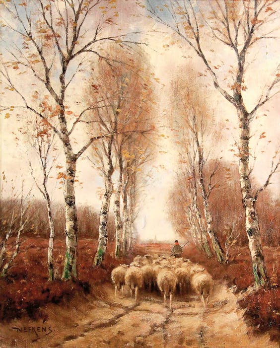 ‘Schaapskudde op zandpad met berken’, Martinus Nefkens (1866-1941).