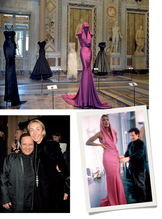Links: Azzedine Alaïa samen met Carla Sozzani. Boven en rechts: In Villa Borghese zijn t/m 25 oktober 65 jurken van Alaïa tentoongesteld, waaronder
de beroemde jurk die Grace Jones in 1977 droeg.